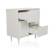 Commode blanche LYKKJA avec deux tiroirs ouverts et une porte sur pieds coniques de hjh LIVING