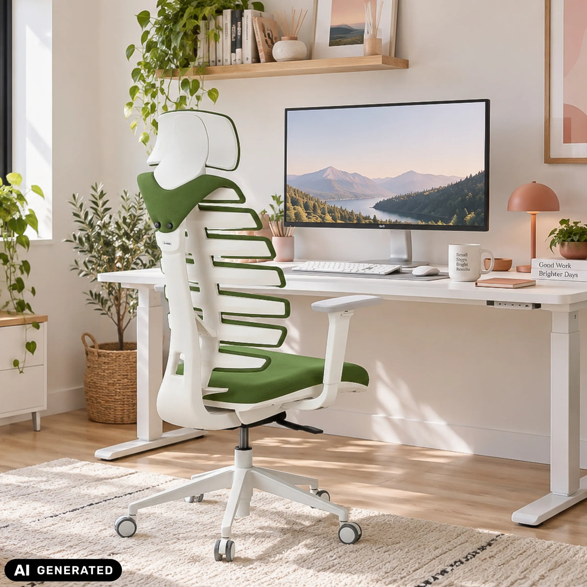Siège de bureau de qualité professionnelle ERGO LINE W en Mystic Forest avec structure blanche de hjh OFFICE (image générée par IA)