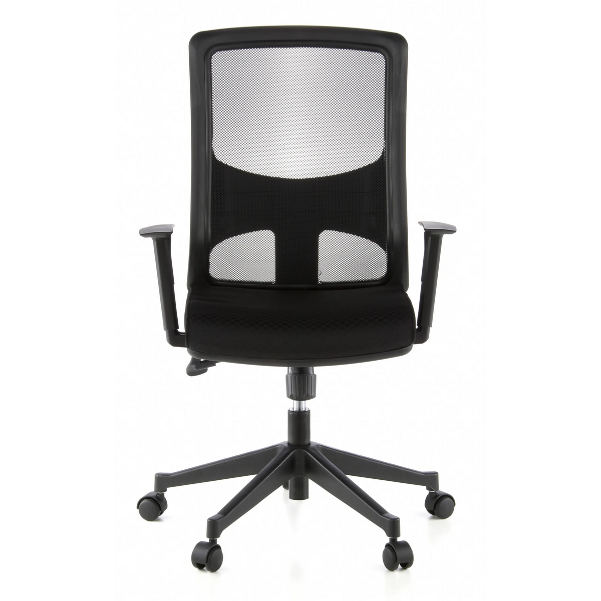 Siège de bureau de qualité professionnelle LAVITA noir avec dossier en maille et base à cinq roulettes de hjh OFFICE – vue à 360° (vue de face 0°)
