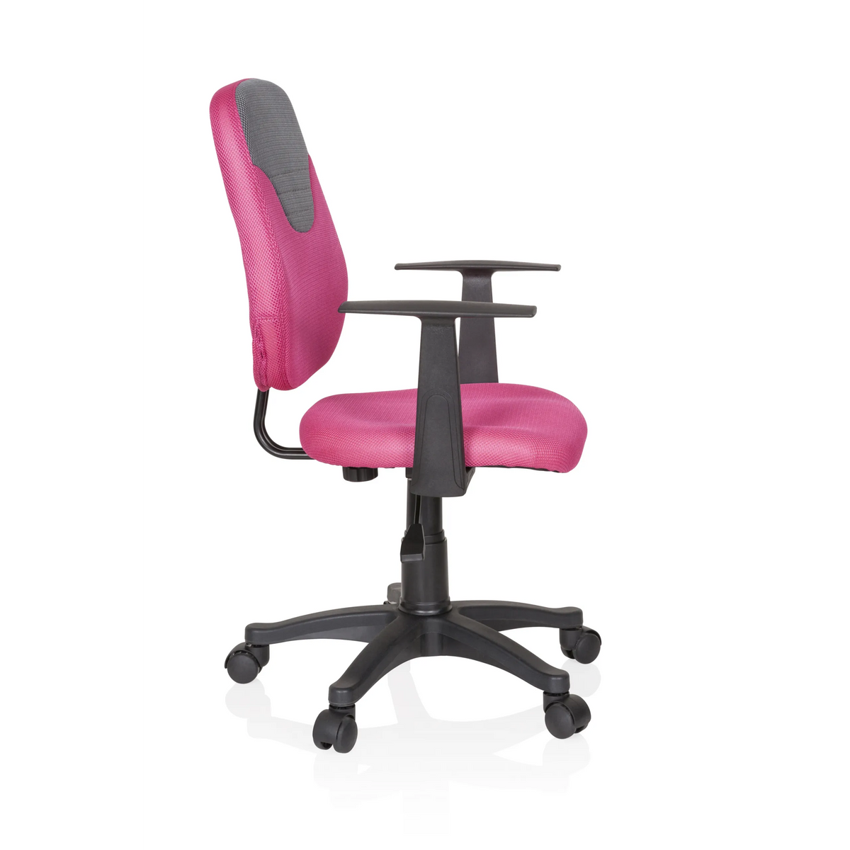 Chaise pivotante pour des enfants KIDDY STYLE rose et grise avec dossier en maille et base à cinq roulettes de hjh OFFICE – vue à 360° (vue de profil 80°)