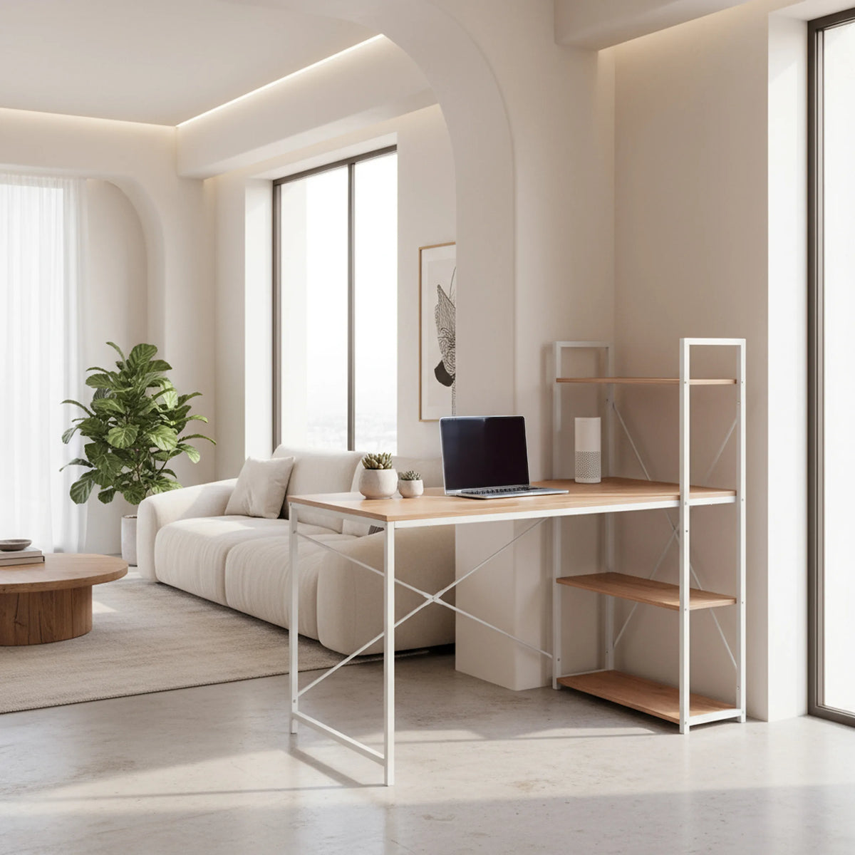 Bureau Easy Up3 en blanc et chêne avec étagère intégrée et ordinateur portable sur le plateau de hjh LIVING