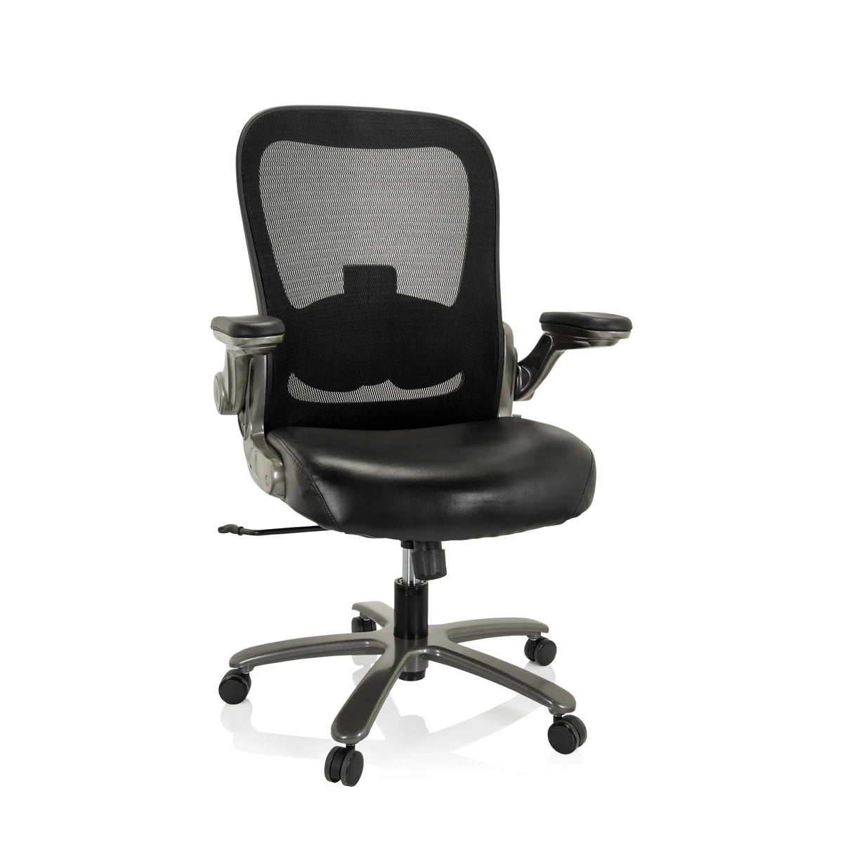 Siège pivotant XXL INSTRUCTOR T I noir avec dossier en maille, assise en similicuir et pied à cinq roulettes de hjh OFFICE – vue à 360° (vue de face 20°)
