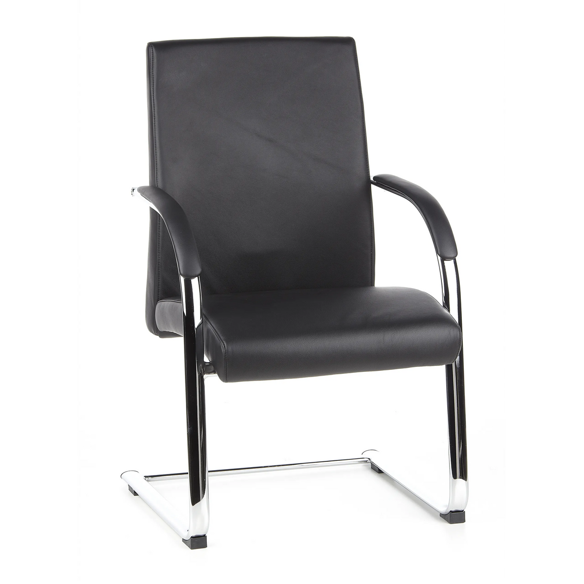 Chaises cantilever BAROLO V noires avec accoudoirs et piètement luge chromé de hjh OFFICE – vue à 360° (vue de face 20°)