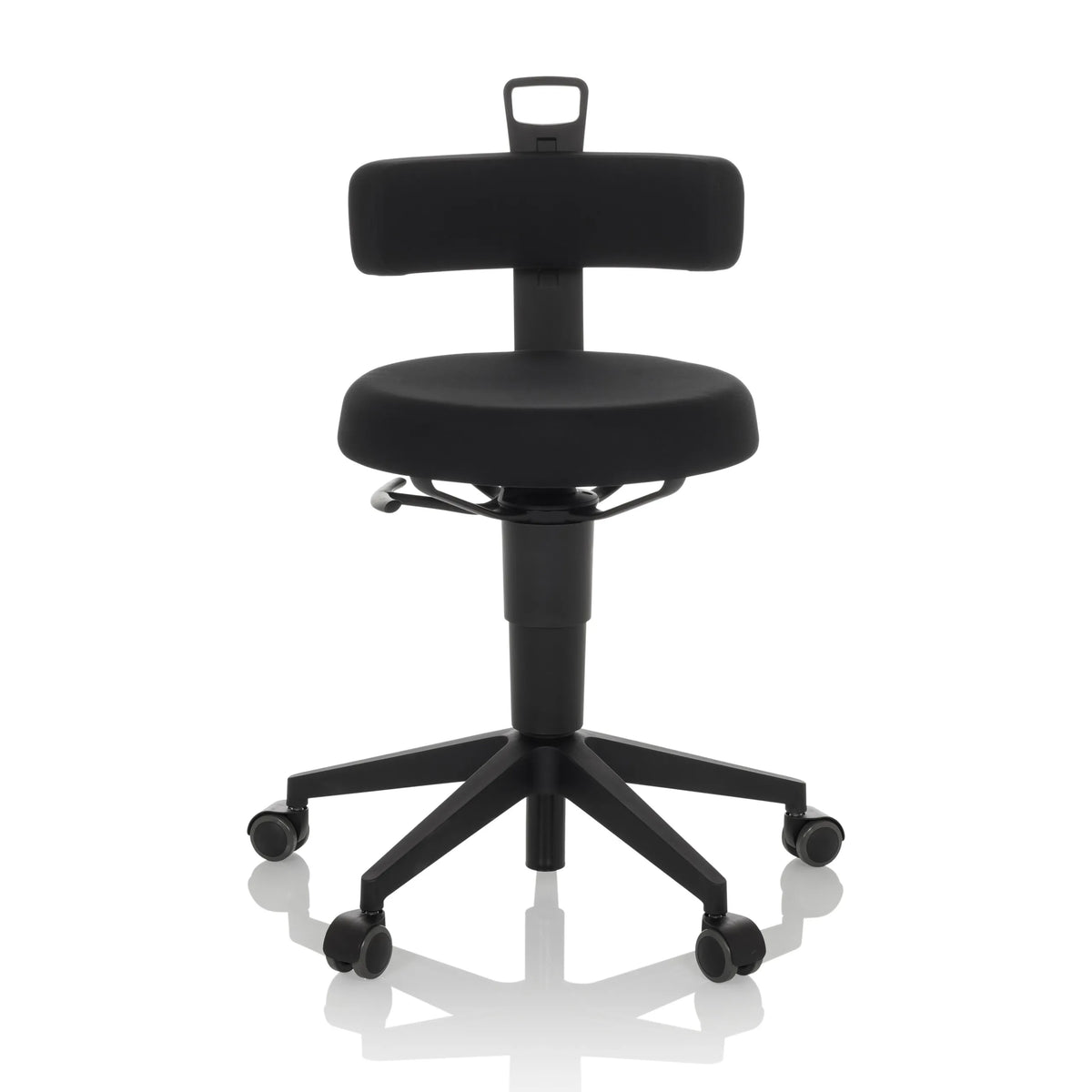 Tabouret pivotant noir TOP WORK FLEX avec dossier, poignée et piètement à cinq roulettes de hjh OFFICE – vue à 360° (vue de face 0°)