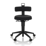 Tabouret pivotant noir TOP WORK FLEX avec dossier, poignée et piètement à cinq roulettes de hjh OFFICE – vue à 360° (vue de face 0°)