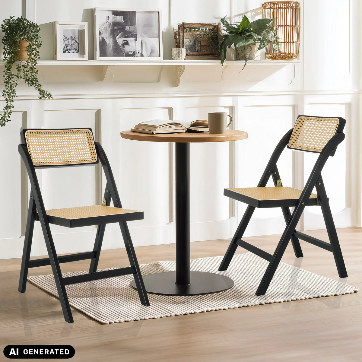 Deux chaises pliantes TUDELA BAMBOO en noir et marron avec tressage viennois de hjh LIVING (image générée par IA)