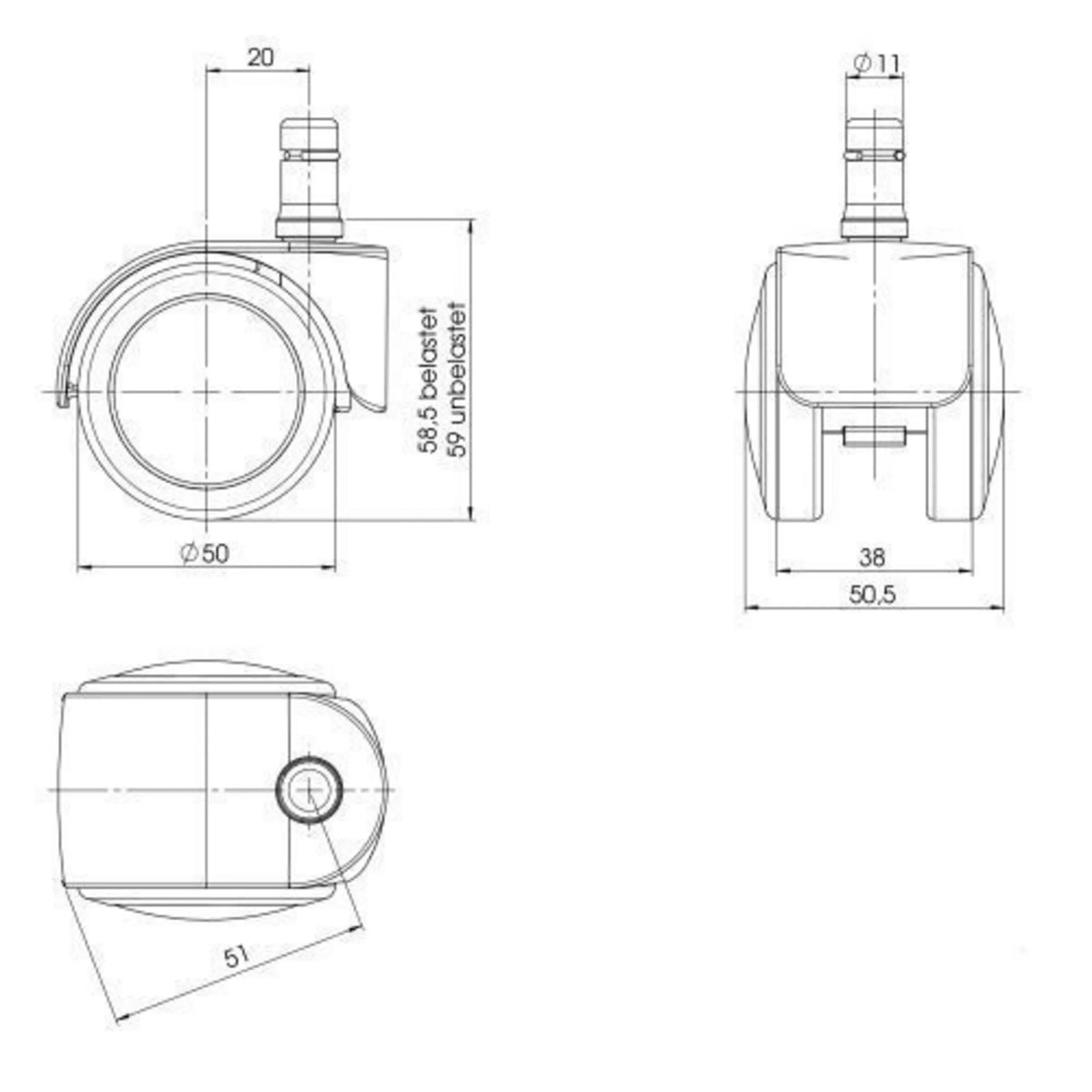 Dessin technique des Roulettes 5x ROLO EASY 11mm/50mm d'un diamètre de 50 mm de hjh OFFICE