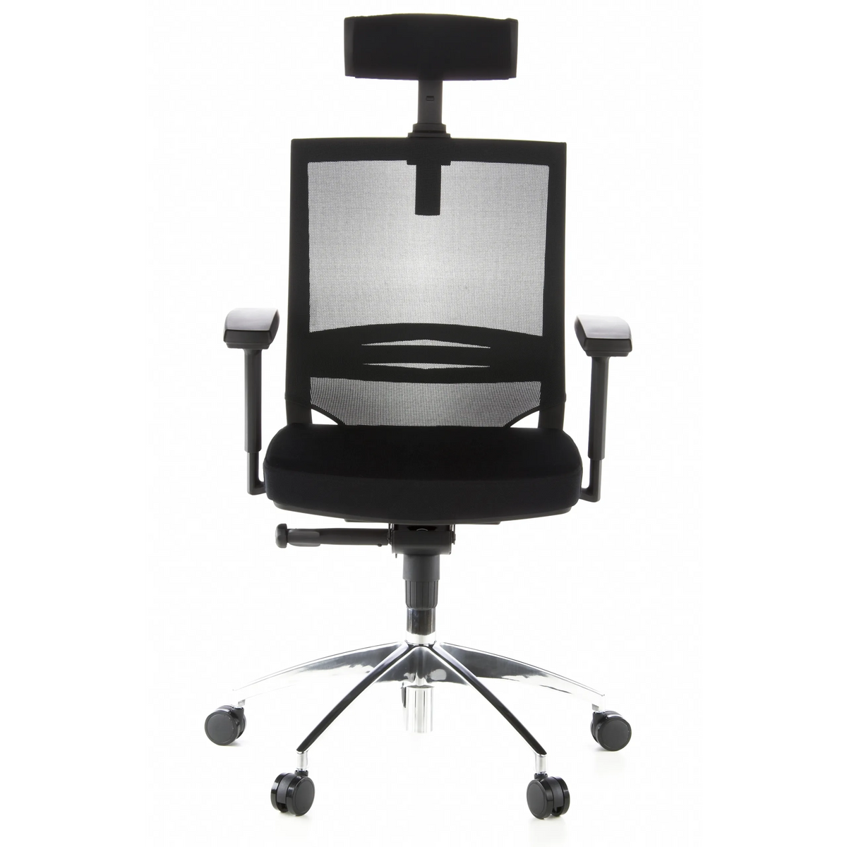 Siège de bureau de qualité professionnelle PORTO MAX noir, dossier maille, appuie-tête et base à 5 roulettes de hjh OFFICE – vue à 360° (vue de face 0°)