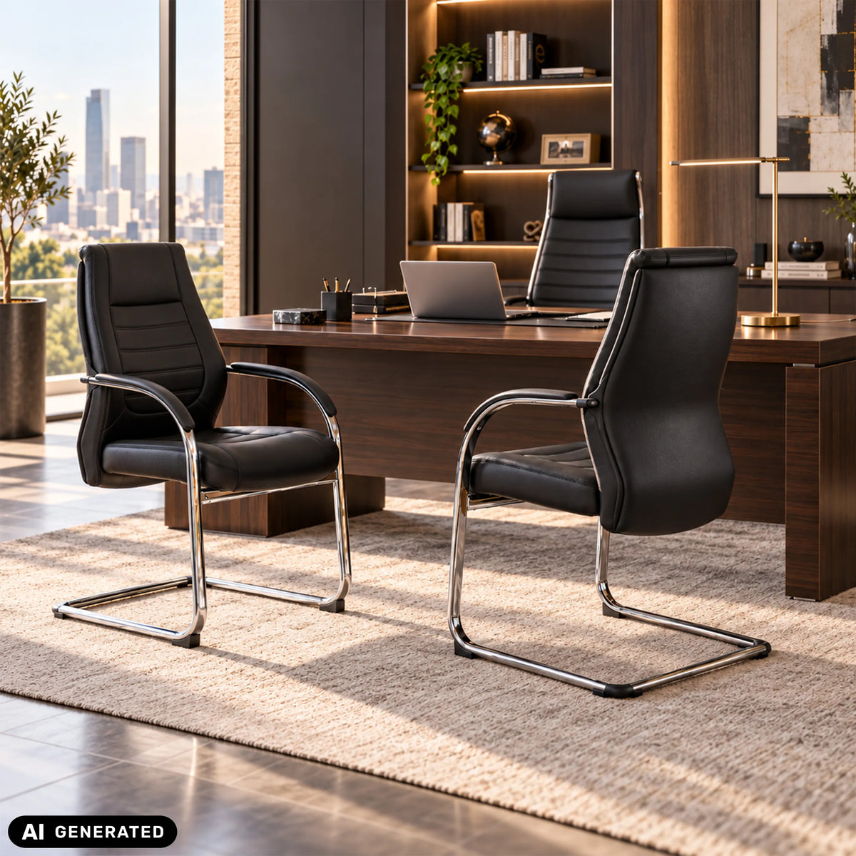 Chaise cantilever VITORO V noire avec accoudoirs à un bureau de hjh OFFICE (image générée par IA)