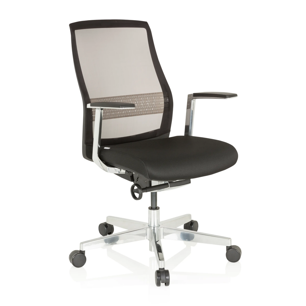 Siège de bureau haut de gamme FOUNTAINE PRO noir avec dossier en maille et piètement à cinq roulettes de hjh OFFICE – vue à 360° (vue de trois quarts avant 40°)