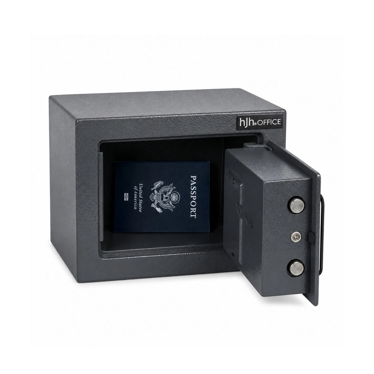 Coffre-fort Safe Compact Mini ouvert en anthracite avec un passeport de hjh OFFICE à l'intérieur