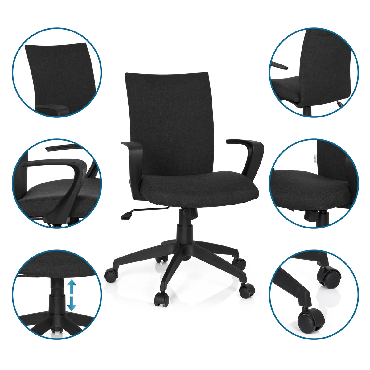 Siège de bureau à domicile SOFT en noir avec vues détaillées de l'accoudoir, du vérin à gaz et des roulettes de hjh OFFICE