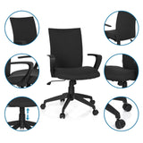 Siège de bureau à domicile SOFT en noir avec vues détaillées de l'accoudoir, du vérin à gaz et des roulettes de hjh OFFICE