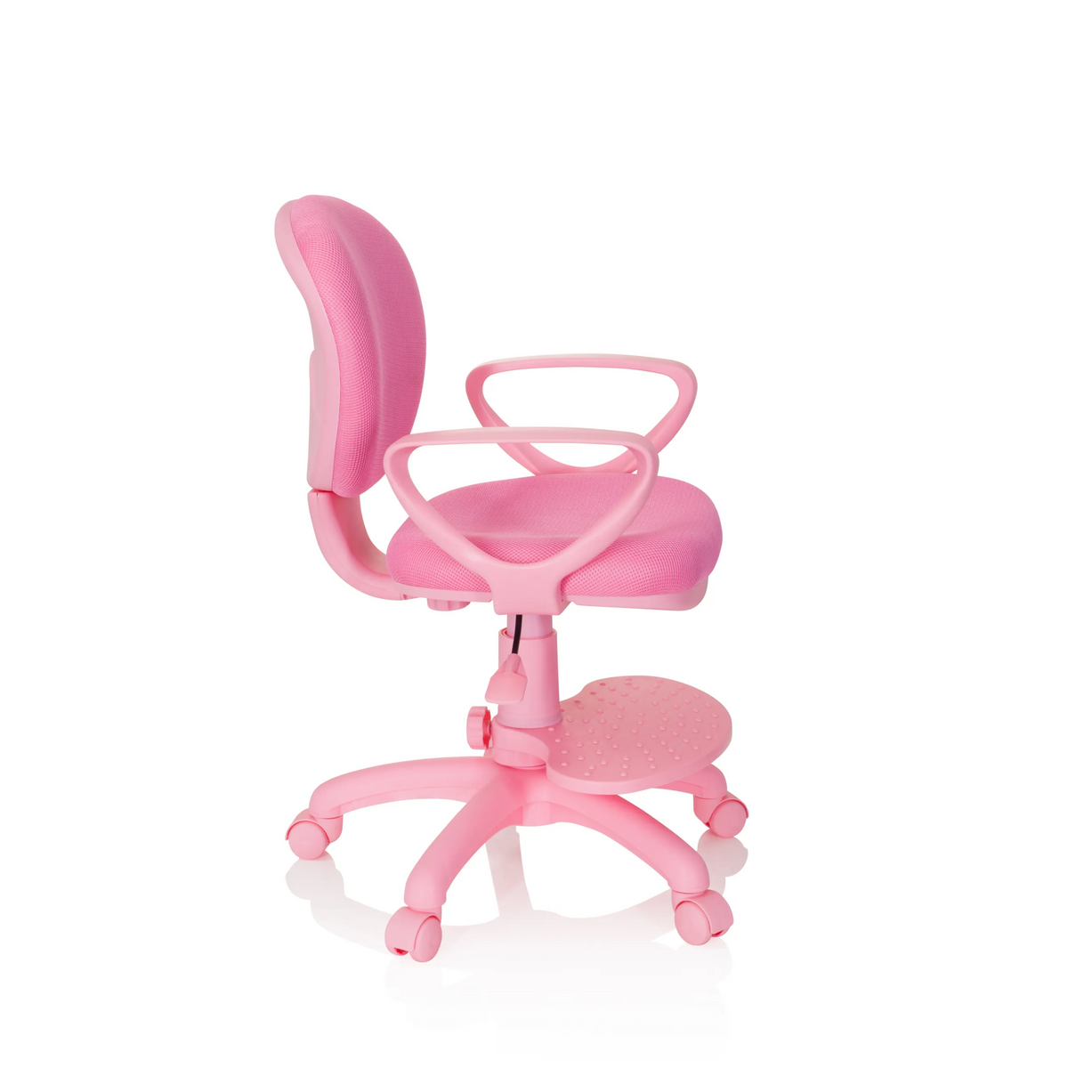 Chaise pivotante pour des enfants KID COLOUR rose avec accoudoirs et base à cinq roulettes de hjh OFFICE – vue à 360° (vue de profil 80°)