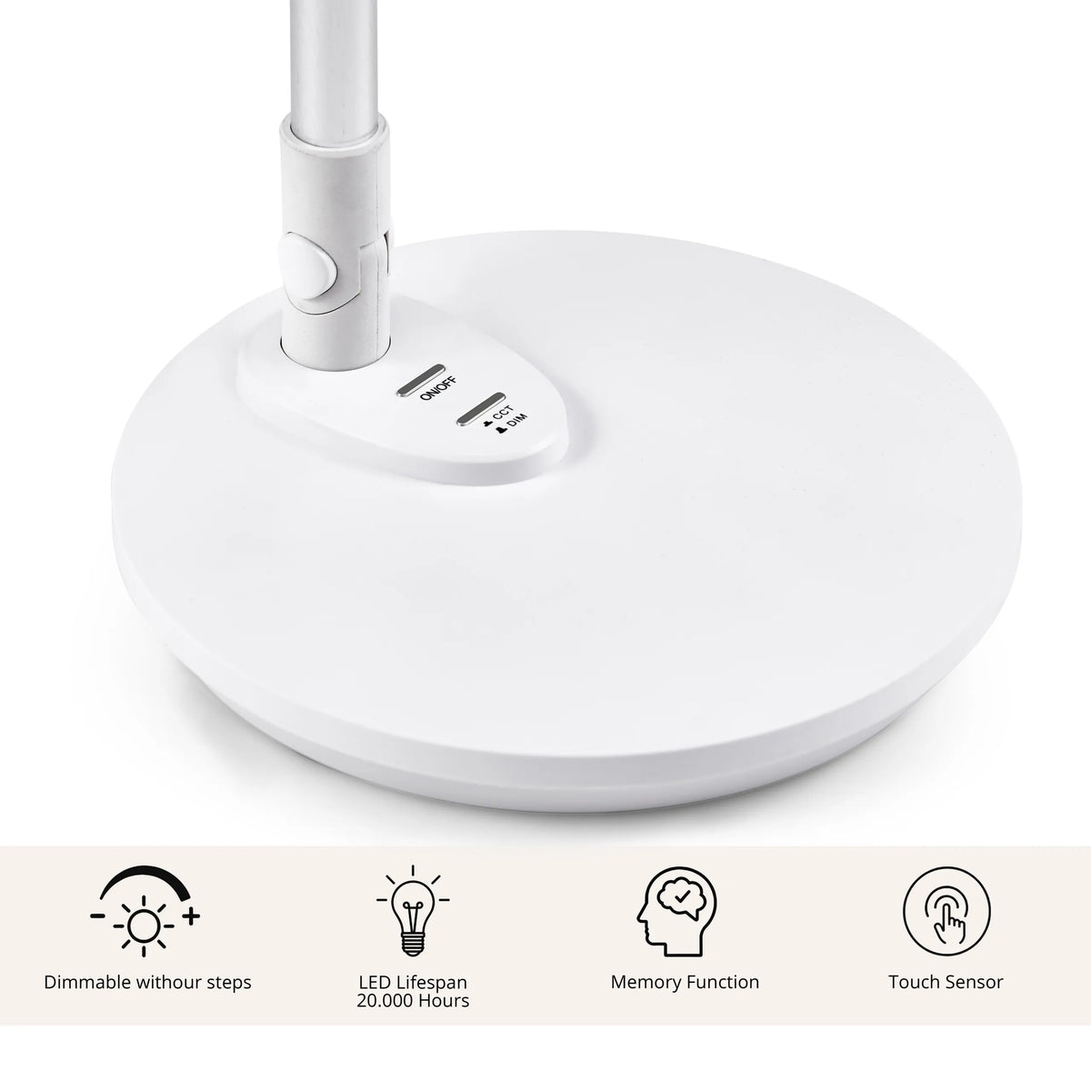 Pied blanc de la lampe de bureau Lumanova D3 avec commandes tactiles pour la mise en marche, l'arrêt et la variation de hjh OFFICE
