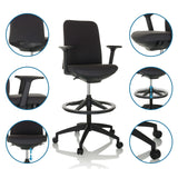 Chaise de comptoir NESTORA WORK noire avec repose-pieds, accoudoirs et roulettes de hjh OFFICE