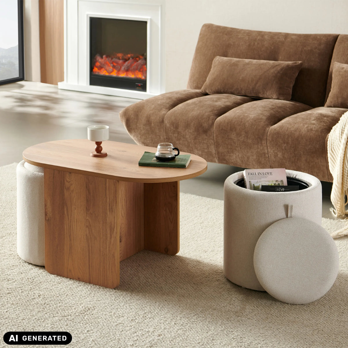 Table d'appoint Nestup aspect noyer avec élément rembourré blanc de hjh LIVING (image générée par IA)
