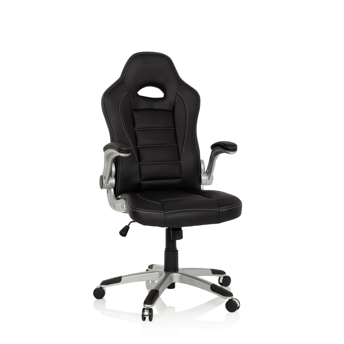 Fauteuil Gamer noir GAME SPORT avec appui-tête, accoudoirs et piètement argenté à cinq roulettes de hjh OFFICE – vue à 360° (vue de face 10°)