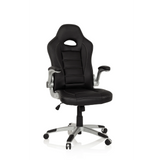 Fauteuil Gamer noir GAME SPORT avec appui-tête, accoudoirs et piètement argenté à cinq roulettes de hjh OFFICE – vue à 360° (vue de face 10°)