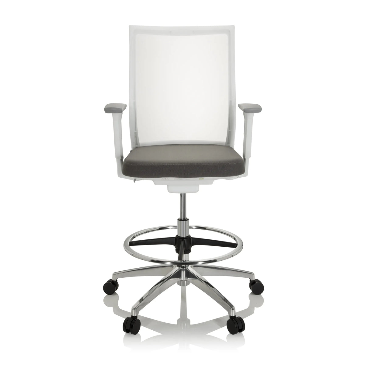 Chaise de comptoir ASPEN WORK W grise avec dossier en maille, repose-pieds et base à cinq roulettes de hjh OFFICE – vue à 360° (vue de face 0°)