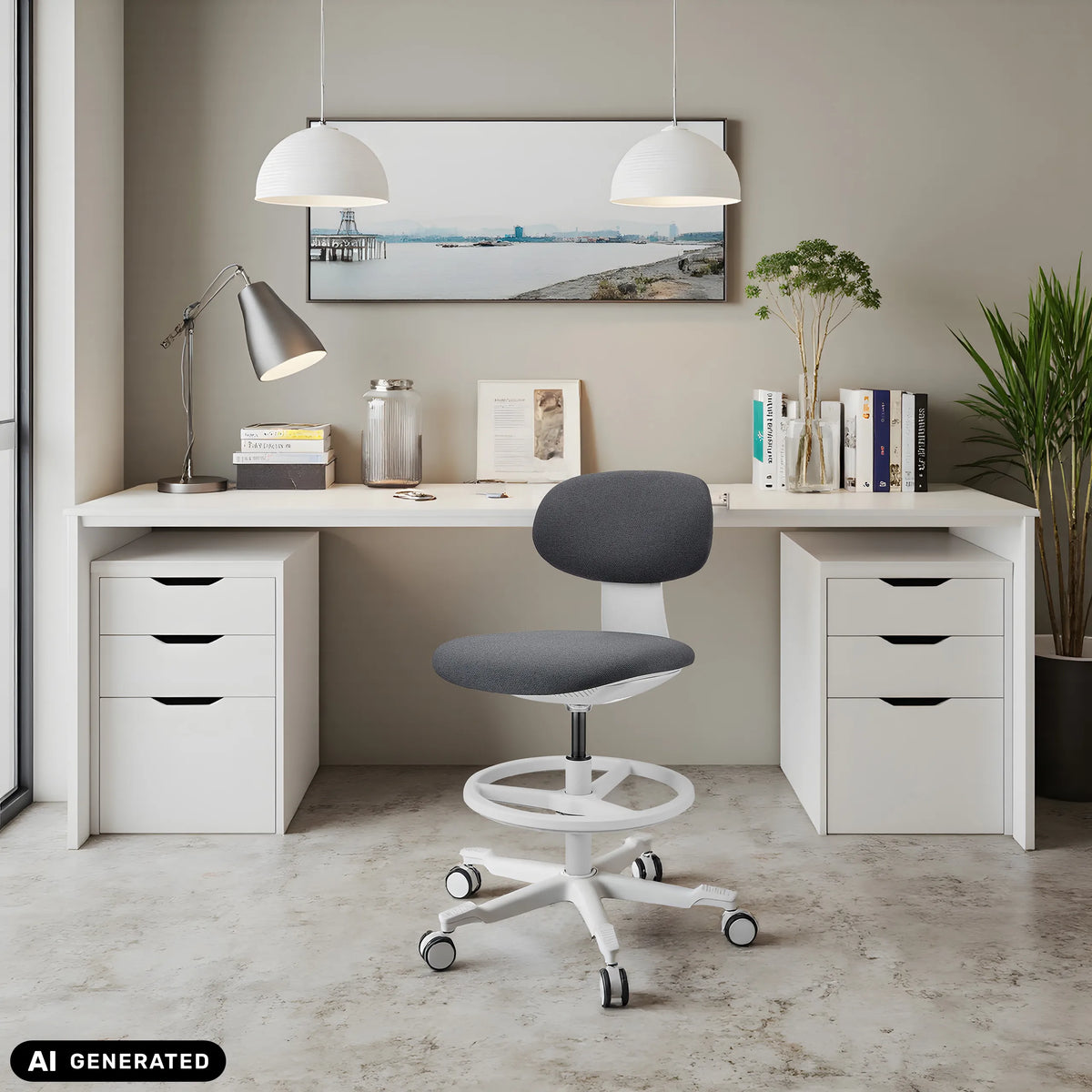Chaise de travail WORK MF2 W en gris foncé devant un bureau blanc de hjh OFFICE (image générée par IA)
