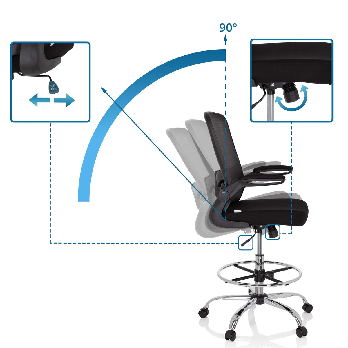 Dossier réglable avec un angle d'inclinaison de 90 degrés de la chaise de comptoir VENDO WORK en noir de hjh OFFICE