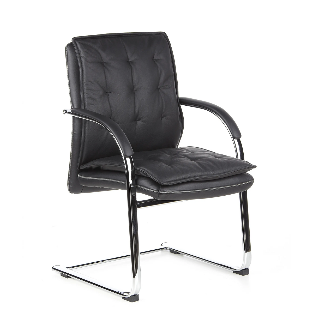 Chaises cantilever VILLA V noires avec rembourrage capitonné et accoudoirs de hjh OFFICE – vue à 360° (vue de trois quarts avant 40°)