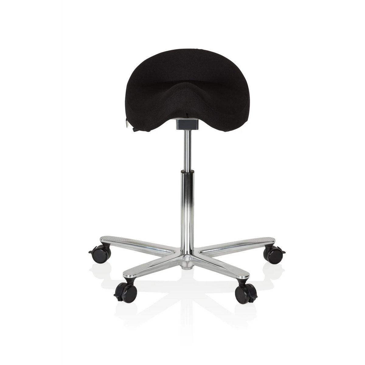 Tabouret de selle MOVE-TEC 3D PRO I noir avec un piétement à cinq roulettes de hjh OFFICE – vue à 360° (vue de face 0°)