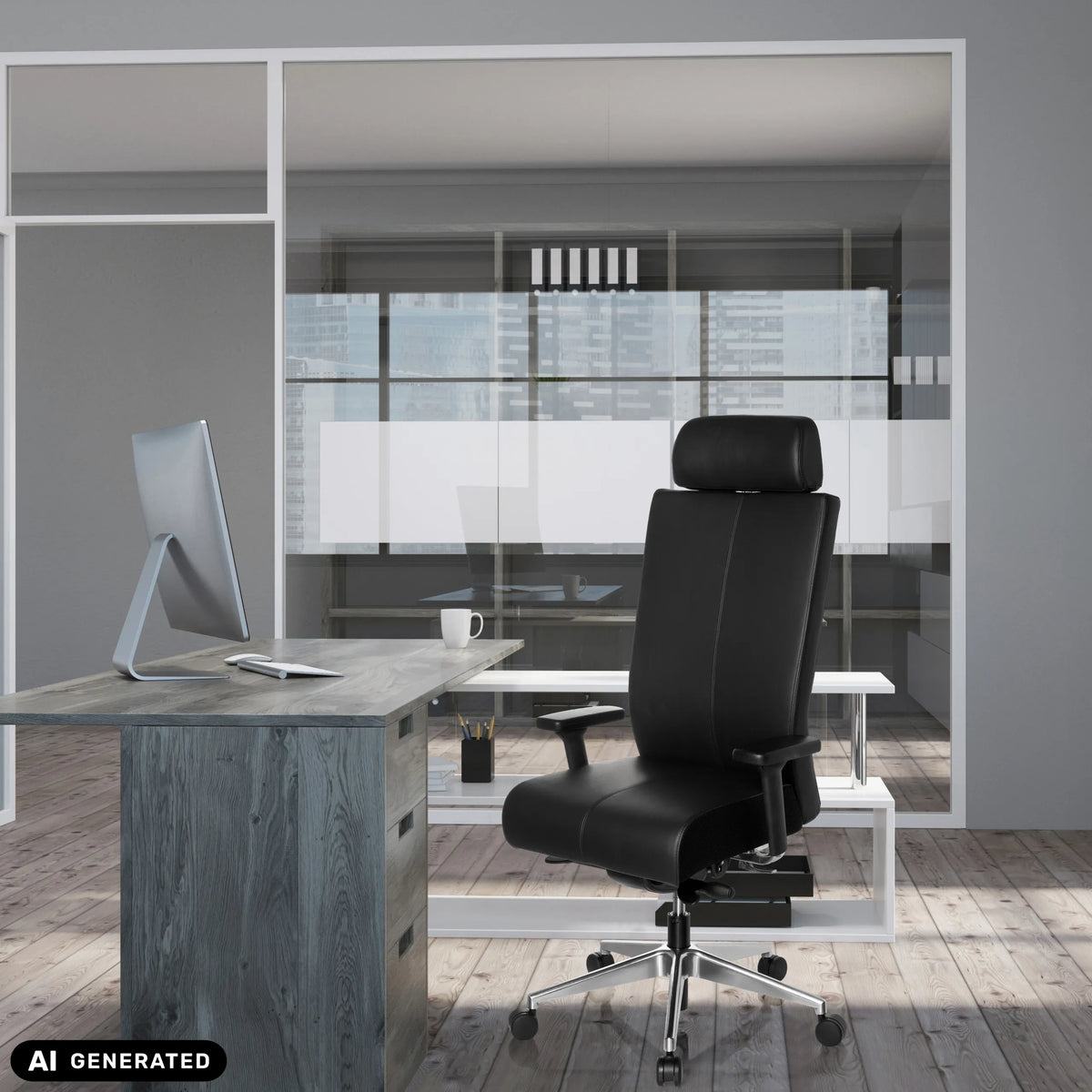 Siège de bureau de qualité professionnelle PRO-TEC XXL en cuir noir avec appui-tête à un bureau de hjh OFFICE (image générée par IA)