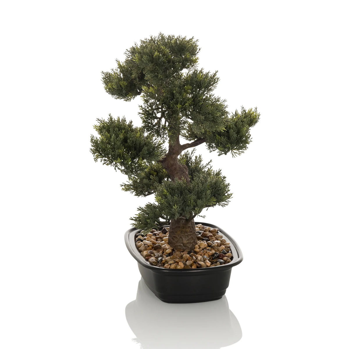 Plante artificielle verte BONSAI en forme de bonsaï dans un pot noir avec des cailloux de hjh OFFICE – vue à 360° (vue de face 0°)