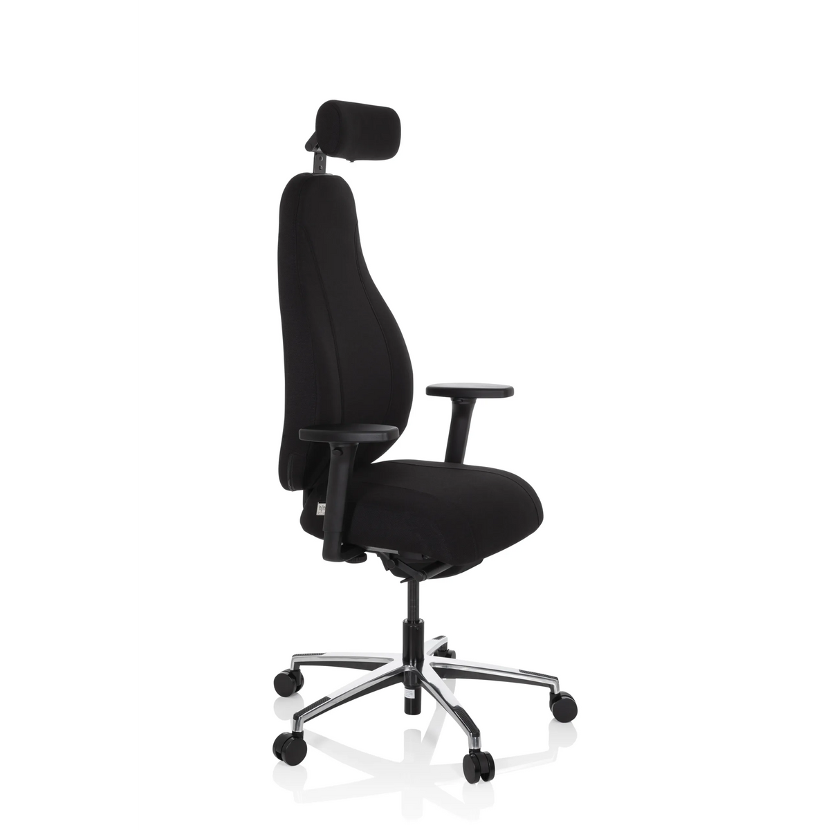 Siège de bureau haut de gamme RESISTIO noir avec appui-tête et piètement à cinq roulettes de hjh OFFICE – vue à 360° (vue de trois quarts avant 60°)