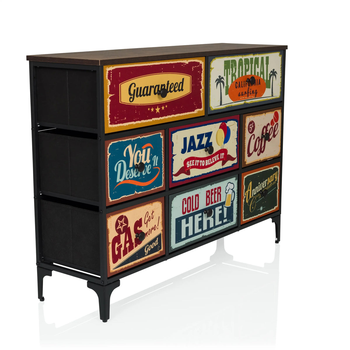 Commode AMERIKO B avec six tiroirs vintage imprimés colorés et pieds noirs de hjh LIVING – vue à 360° (vue de trois quarts avant 45°)