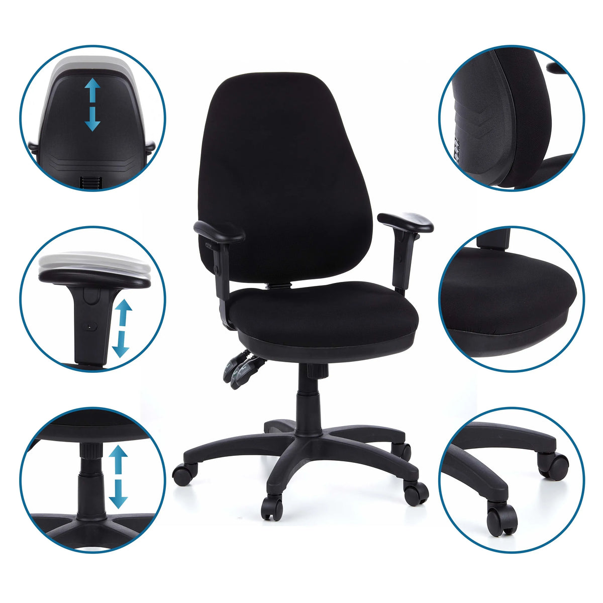 Siège de bureau de qualité professionnelle ZENIT PRO en noir avec différentes vues détaillées des réglages de hjh OFFICE