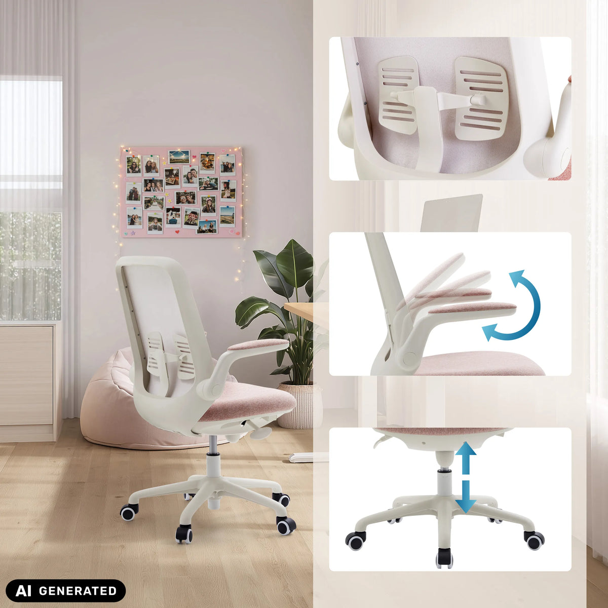 Chaise pivotante pour enfants Swivelo en rose avec dossier, accoudoirs et hauteur d'assise réglables de hjh OFFICE (image générée par IA)