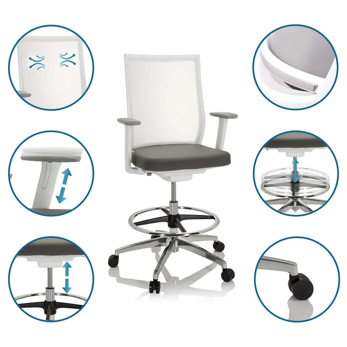 Chaise de comptoir ASPEN WORK W grise avec repose-pieds, roulettes et dossier respirant de hjh OFFICE