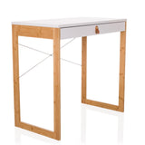 Bureau blanc TAROLO II avec un tiroir, poignée en cuir marron et pieds en bois de hjh LIVING – vue à 360° (vue de trois quarts avant 45°)