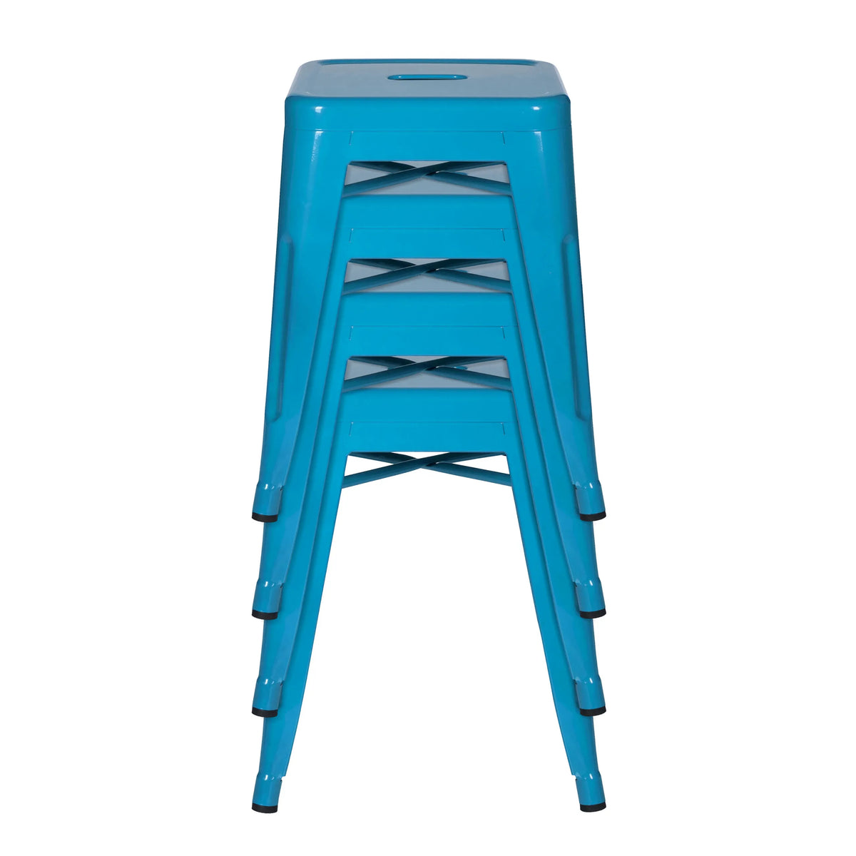 Quatre tabourets de bistrot VANTAGGIO empilables bleu clair avec embouts de pieds noirs de hjh OFFICE