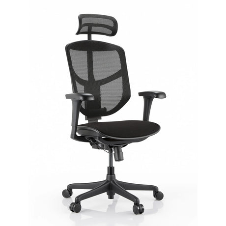 Chaise de bureau noire Enjoy Eco FB avec dossier en maille, appui-tête et accoudoirs réglables de hjh OFFICE