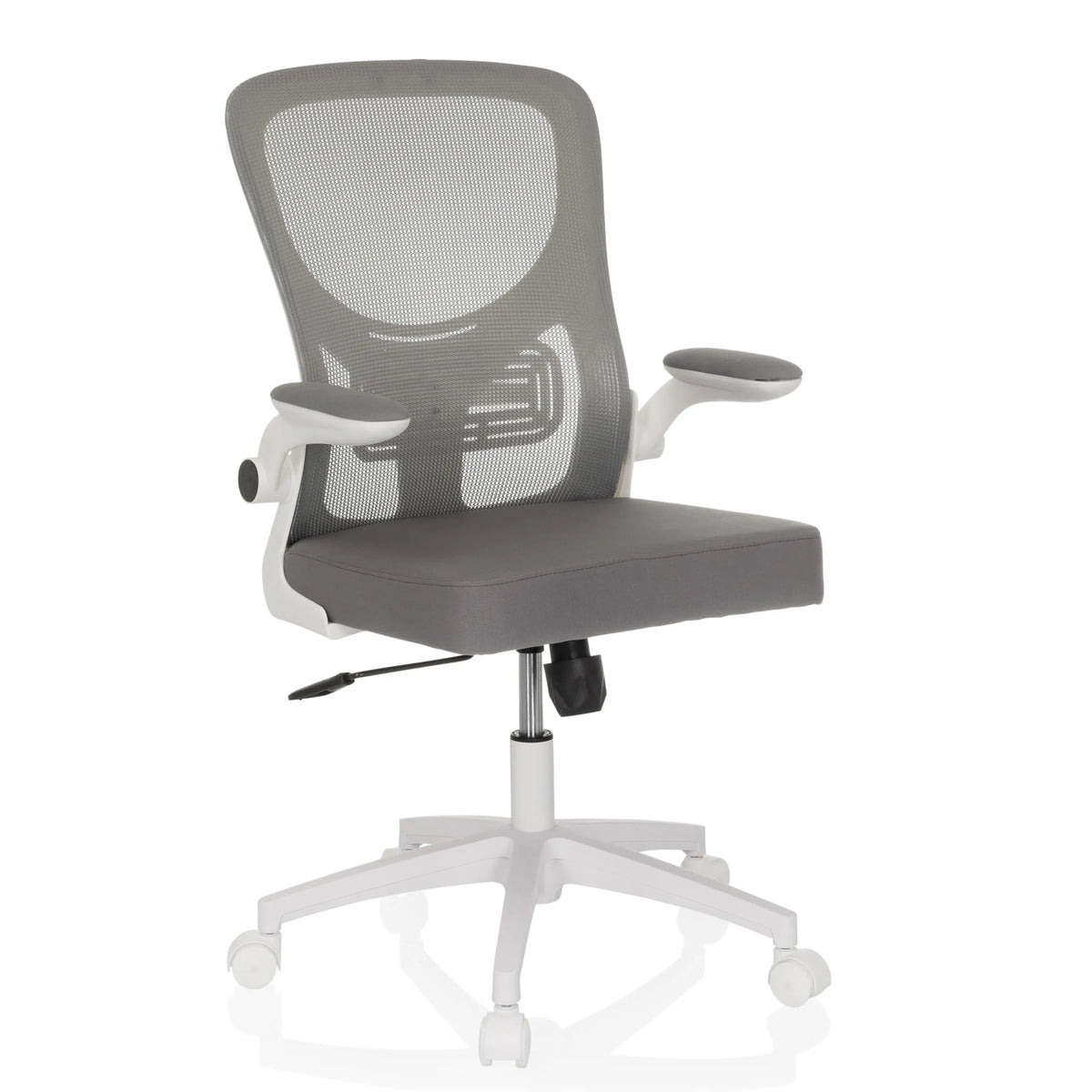 Siège de bureau à domicile BELIO W gris avec dossier en maille et piètement blanc à cinq roulettes de hjh OFFICE – vue à 360° (vue de trois quarts avant 30°)