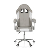 Fauteuil Gamer GAMEBREAKER W03 gris et blanc avec deux ouvertures pour appui-tête et base à cinq roulettes de MyBuero – vue à 360° (vue de face 0°)