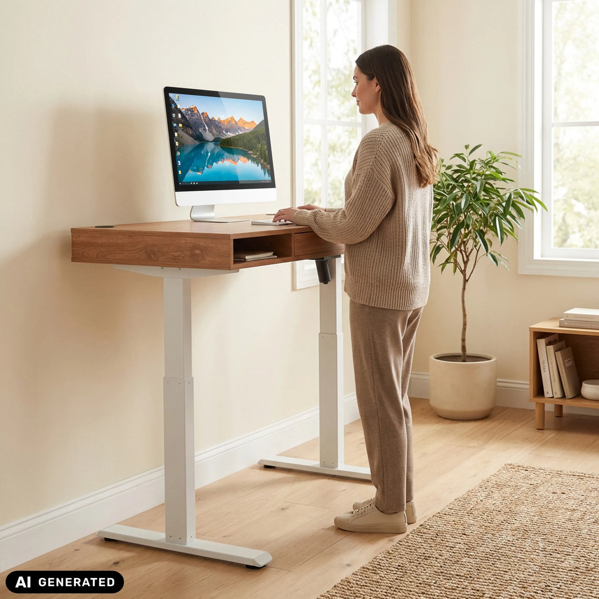 Bureau réglable en hauteur électriquement Worktime Style en chêne et blanc de hjh OFFICE (image générée par IA)