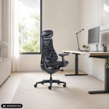 Siège de bureau haut de gamme LiberNovo Omni noir à un bureau réglable en hauteur de Libernovo (image générée par IA)
