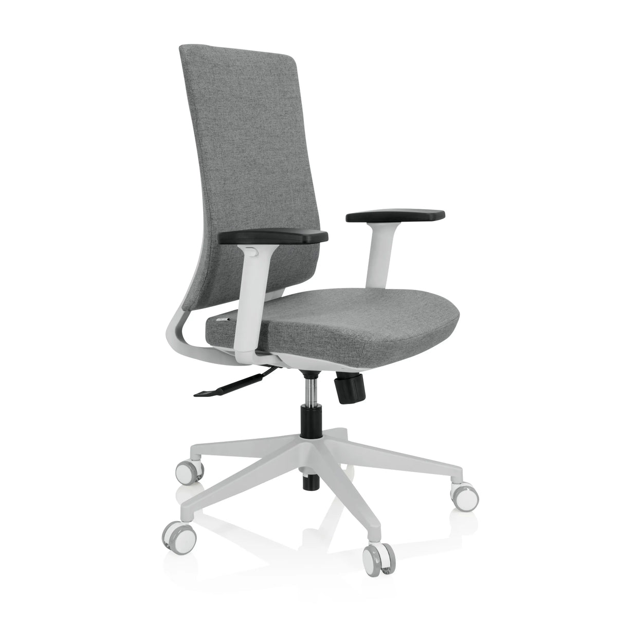 Siège de bureau de qualité professionnelle COMFIO WP gris avec accoudoirs et piètement blanc à cinq roulettes de hjh OFFICE – vue à 360° (vue de trois quarts avant 60°)