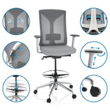 Chaise de comptoir HALIFAX WORK grise avec accoudoirs réglables, repose-pieds et roulettes de hjh OFFICE