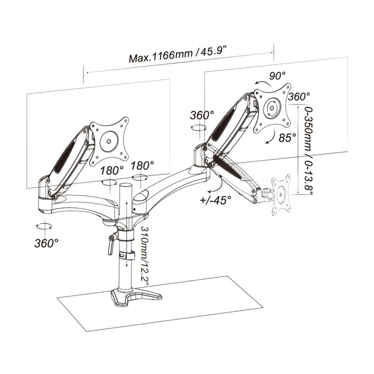 Technische Zeichnung der Monitorhalterung VM-MG2 mit einer maximalen Breite von 1166 mm von hjh OFFICE