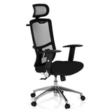 Siège de bureau de qualité professionnelle CAYEN noir, dossier mesh, appuie-tête et base à 5 roulettes de hjh OFFICE – vue à 360° (vue de trois quarts avant 60°)