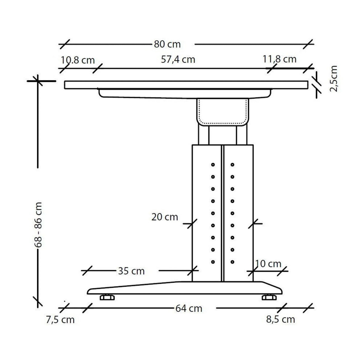 Dessin technique du bureau réglable en hauteur UNDA 12 S d'une largeur de 80 cm de hjh OFFICE PRO