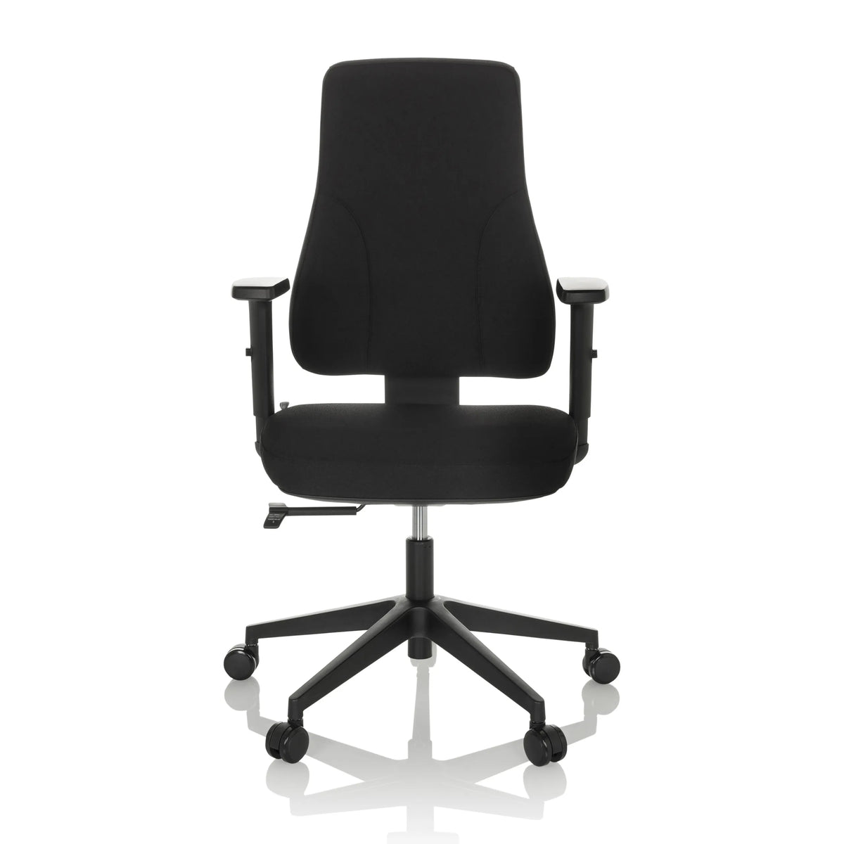 Siège de bureau de qualité professionnelle MATHES noir avec accoudoirs et base à cinq roulettes de hjh OFFICE – vue à 360° (vue de face 0°)