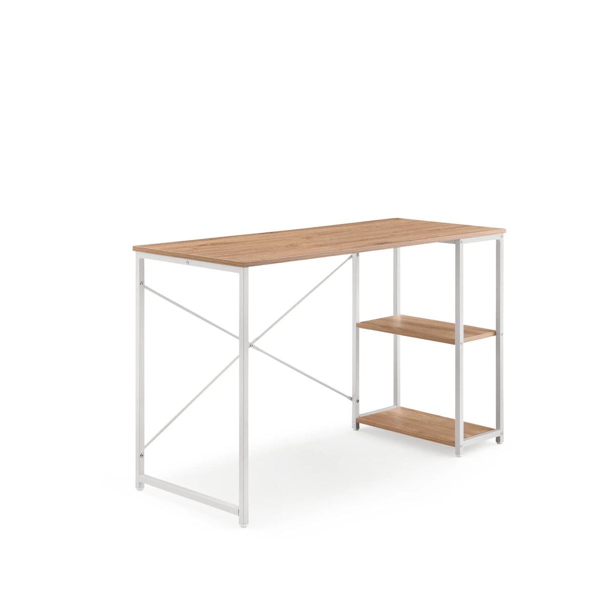 Bureau Easy Up2 en blanc et chêne avec étagère intégrée et traverse en X de hjh LIVING – vue à 360° (vue de trois quarts avant 45°)