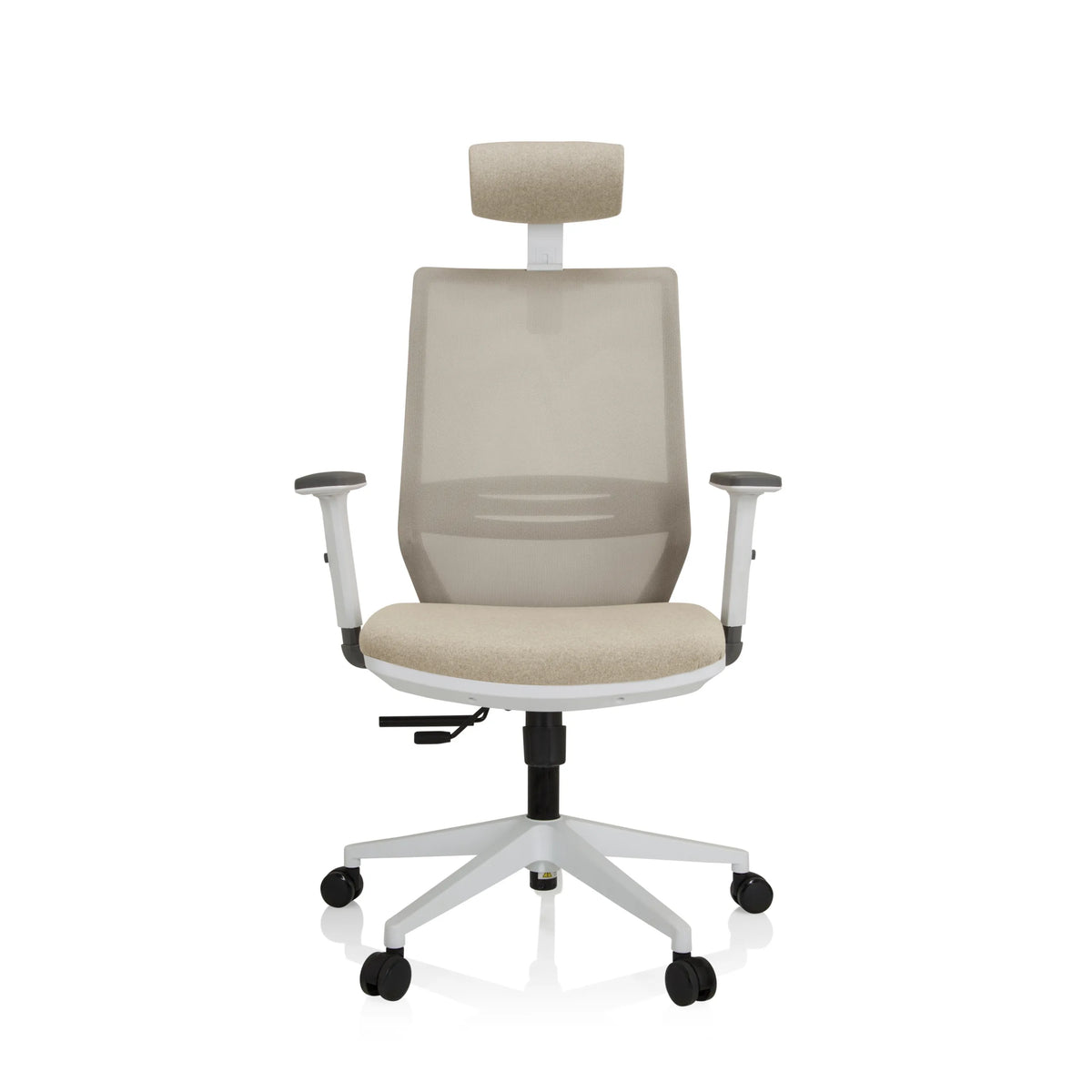 Siège de bureau de qualité professionnelle PROFONDO PRO W beige, dossier maille, appuie-tête et base blanche de hjh OFFICE – vue à 360° (vue de face 0°)